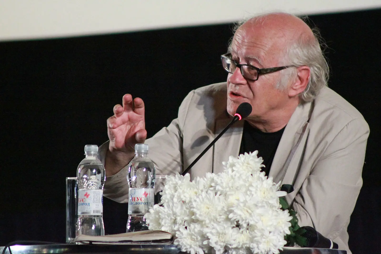 A speaker at a microphone during a panel